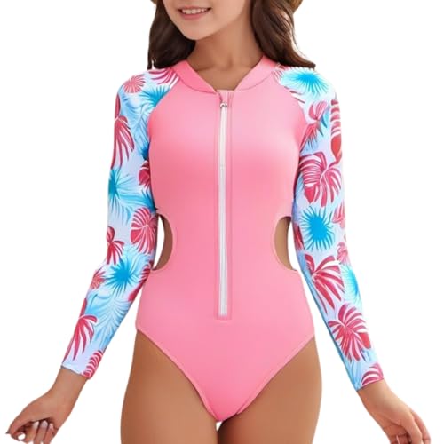 Xumplo Traje de baño de una pieza para niñas adolescentes, manga larga, con cremallera, traje de baño floral, rosa, 12-14 años