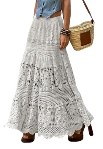 chouyatou Women's Western Floral Lace Crochet Knit Maxi Boho Skirt