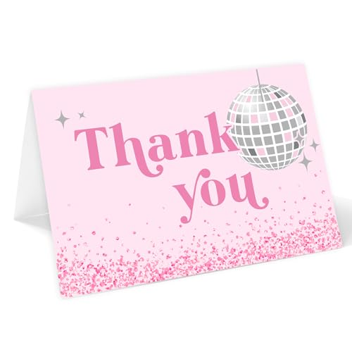 Cartes de remerciement disco haut de gamme rose et argent pour papeterie de fête chic