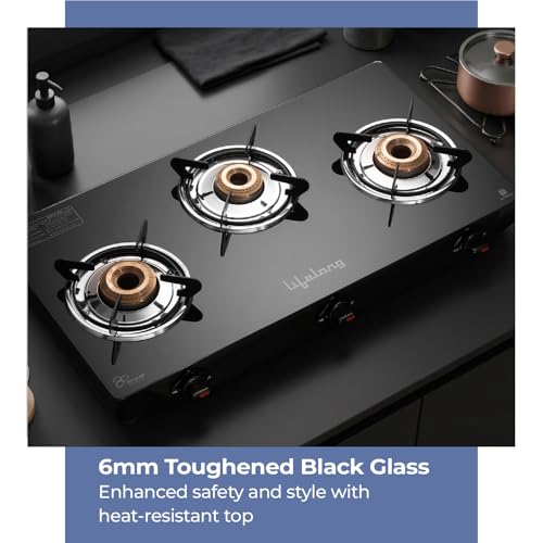 Image of Lifelong 3 Burner Gas Stove with Gas Lighter | Modern Glass Stove with 6mm Toughened Glass | High-Efficient Manual Ignition Cooktop | ISI Certified & LPG Compatible | 360 Flexible Gas Inlet (Black)