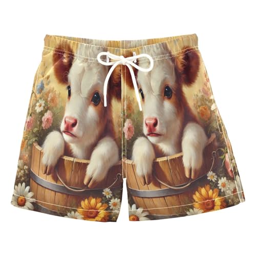 Cow Flowers Daisies Boys Swim Trunks Quick Dry Toddler Swimsuit Boy Swimwear Board Shorts Bathing Suits XL