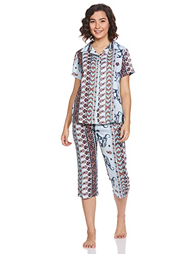 Image of Longies Women's Rayon Pyjama Night Suit Pajama Set (LCHSV001 Light Blue012 L)