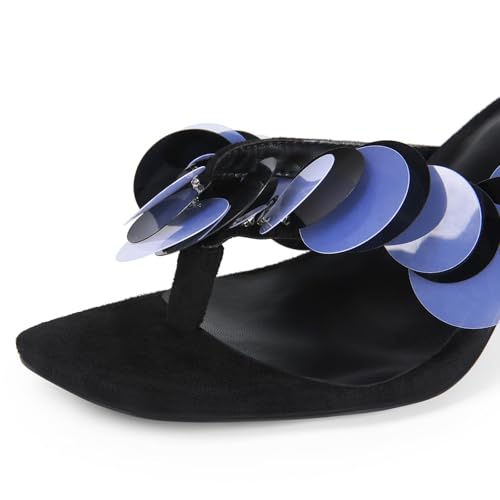 Image of Goolita Women's Suede Sequin Kitten Heels Flip Flops Open Square Toe Strappy Thong Slide Heeled Sandals Comfort Prom Party Mules Heels