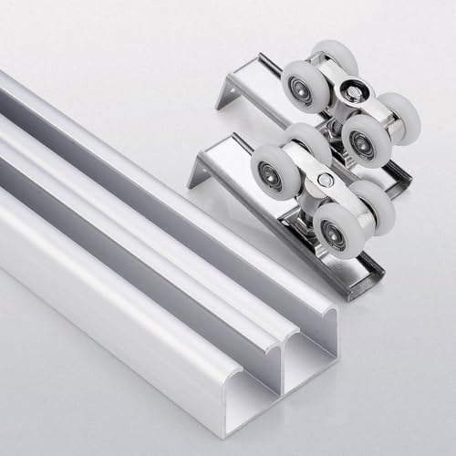 Riel Puerta Corredera Doble de Aluminio Juego de Herrajes Puertas Correderas con Ruedas y Guia 1-6.6 m Kit Puerta Corredera de Armario/Granero/Dormitorio Silencioso y Suave(Blanco,1.3m/4.3ft)