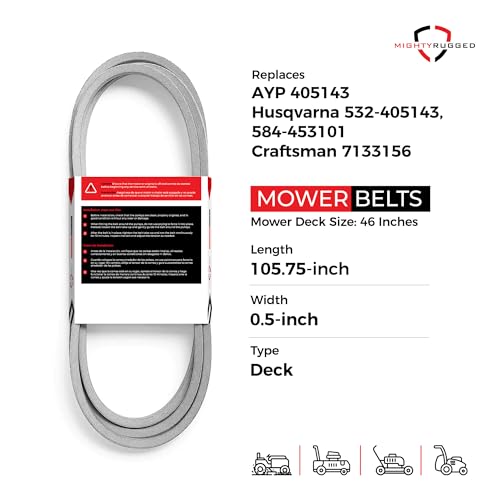 Image of 584453101 532405143 405143 Craftsman Mower Belt Replacement, 105 3 /4 inch - Heavy-Duty, Durable, Aramid Cord 532 40 51-43 Replacement for Husqvarna 46 Inch Deck Belt YTH22V46 YTH21K46 Riding Lawn Mower