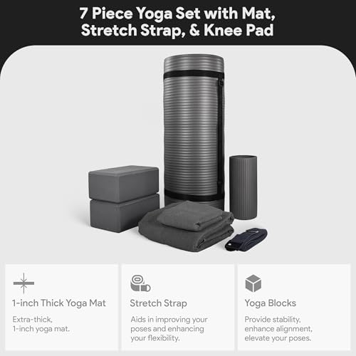 Image of BalanceFrom 7-Piece Yoga Set with 71x24x0.5 Inches Extra Thick Mat and Carrying Sling - Includes 2 Blocks, Stretch Strap, 2 Towels, and Knee Pad for Home, Studio, and Gym Workouts
