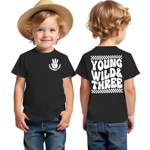 BOUTIKOME Young Wild and Three Birthday Boy Shirt 3rd Birthday Outfit 3 Year Old Boy T-Shirt Third B-Day Party Tees Tops(Black 3T)