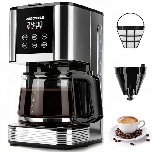 Aigostar Cora - Filterkaffeemaschine, Programmierbar 24h, 1,5L, LCD-Display, 14-Tassen Kaffeemaschine, Edelstahl, 1000W, Intensitätseinstellung, Tropf-Stopp, AutoClean, Warmhaltefunktion, Schwarz