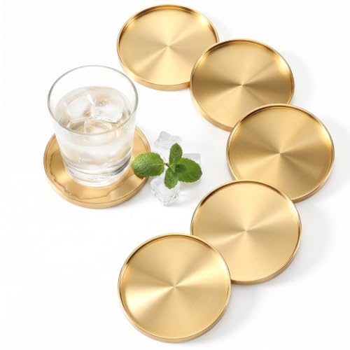 RimCereal 6 Pack Brass Coasters for Drinks Gold Coasters 2.95 Inches