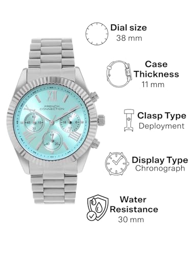Image of French Connection Chronograph Blue Round Dial Stainless Steel Strap Casual Premium Sunray Feature Wrist Watch for Women - FCM06USM