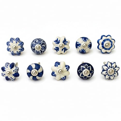 ARTISNO Lot de 10 boutons ronds décoratifs en céramique pour armoire de cuisine, tiroir, armoire et commode, bleu et blanc