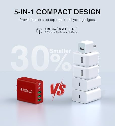Image of USB C Wall Charger Block, 2Pack 50W USB C Charger 5-Port PD Fast Charging Blocks,QC 3.0 USB A Multiport Plug,Type C Power Adapter Brick Cube for iPhone 17 /16 /15 /14 /13 /Pro,Samsung,for Switch /Pixel(Red)