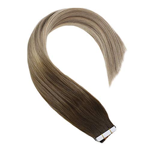 VeSunny Tape in Hair Extensions Human Hair Balayage Darkest Brown Ombre Blonde HIghlights 14inch Skin Weft Tape in Extensions 20pc 50g