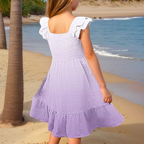 Girls Gradient Color A-Line Elegant Casual Dress Ruffles Sleeve Crew Neck Smocked Knee Length Dresses Flowy Swing Skirts2