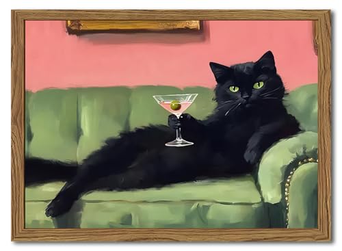 Funny Black Cat Martini Wall Art, Bar Cart Decor, Eclectic