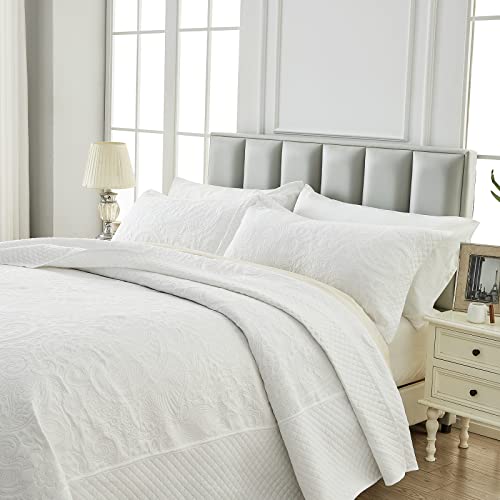 Suchdeco Oversized King Bedspreads 128X120 Inches Oversized King Quilt Set Lightweight Paisley Bedding Set Coverlet Extra Large King Size With 2 Pillowcases, White #TOP3