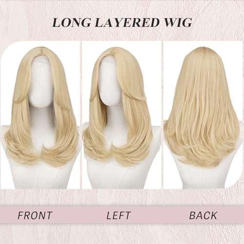 Image of FESHFEN Lace Front Hairline Wigs with Bangs, Synthetic Natural Looking Long Layered Straight Hair Wig for Women Daily Party Costume, 18 inch Brown