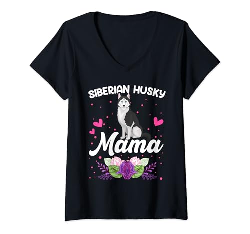 Womens Siberian Husky Mama Mother's Day Dog Mom Floral Tee V-Neck T-Shirt
