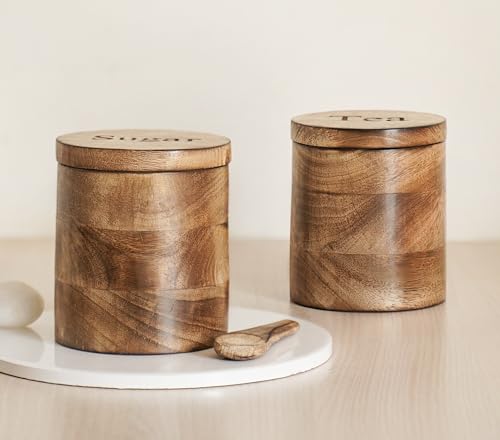 Image of Classyo Wooden Tea and Sugar Container Set of 2 with Spoons | Airtight Sugar Tea Container Set | Wooden Kitchen Storage Box with Magnetic Lid (Set of 2)