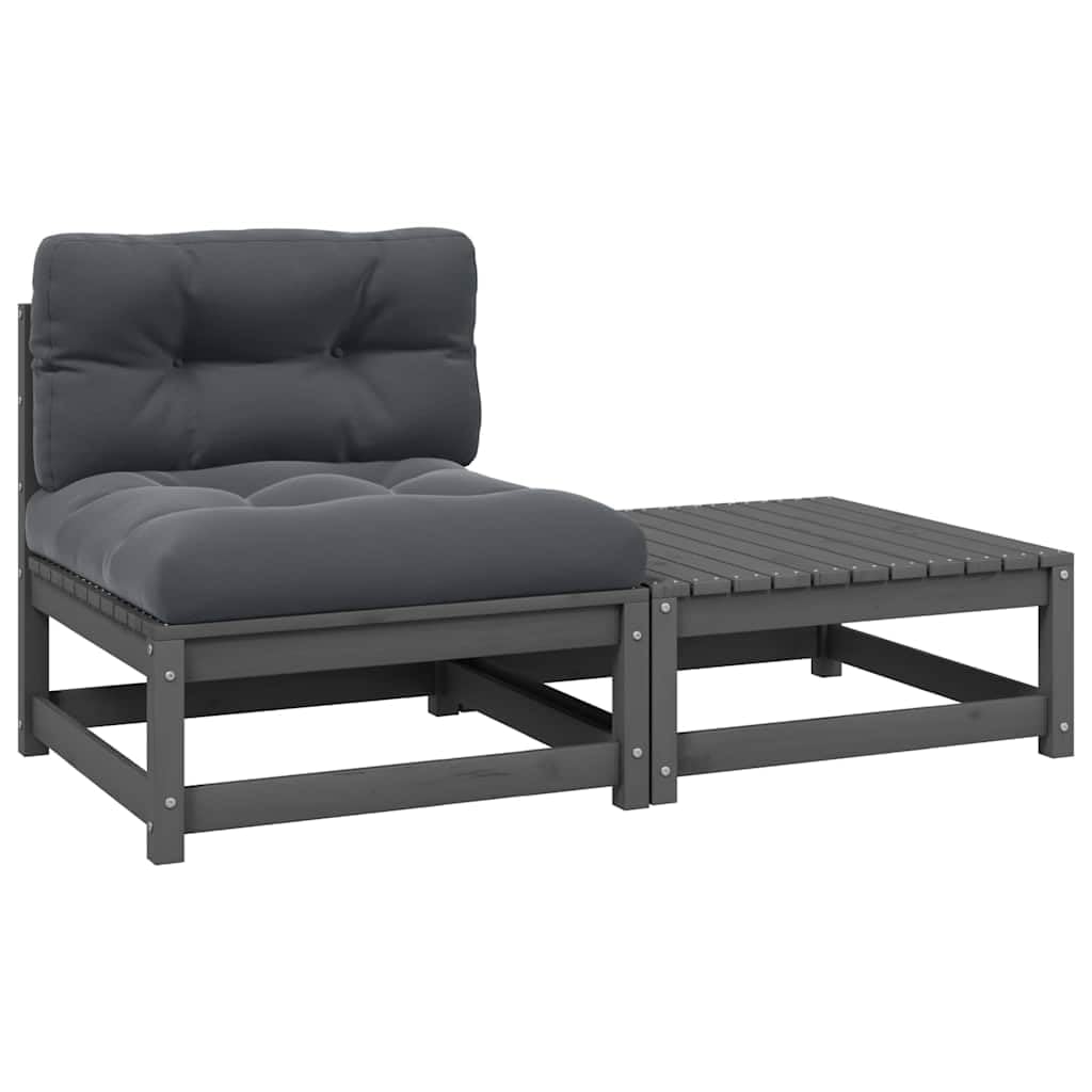 Salon de jardin 2 pcs en bois de pin massif gris avec canapé modulable et pouf