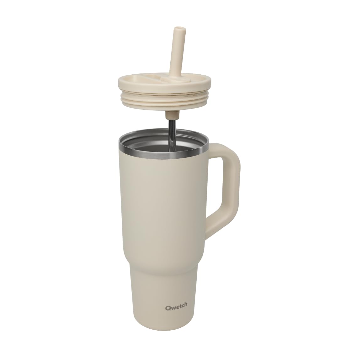 QWETCH Travel Cup Isotherme 900ml Étanche avec Paille Rabattable – Mug Isotherme Inox Recyclé avec Anse – Garde 48h Glacé / 12h Froid – Tumbler Isotherme – Gourde Compatible Porte‑Gobelet - Sable