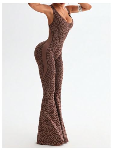 Image of Verdusa Women's Cheetah Print Workout Sets Yoga Jumpsuit Criss Cross Sleeveless Work Out Clothes Flared Pants Jumpsuits