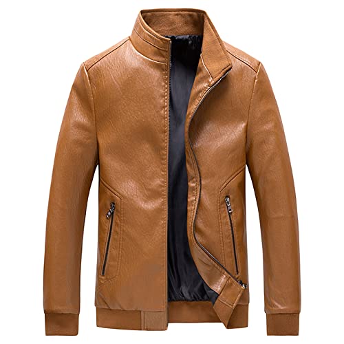 Maiyifu-GJ Men's Stand Collar Leather Bomber Jacket Lightweight Faux Leather Motorcycle Jackets Slim Fit Zip Up Biker Coat (Yellow,Large)