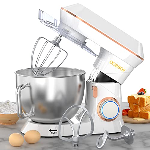 DOBBOR Electric Stand mixer, 9.5QT 660W 7 Speeds Tilt-Head Dough Mixers, Bread Mixer with Dough Hook, Whisk, Beater, Splash Guard for Baking Bread, Cake, Cookie, Pizza, Muffin, Salad and More (White)