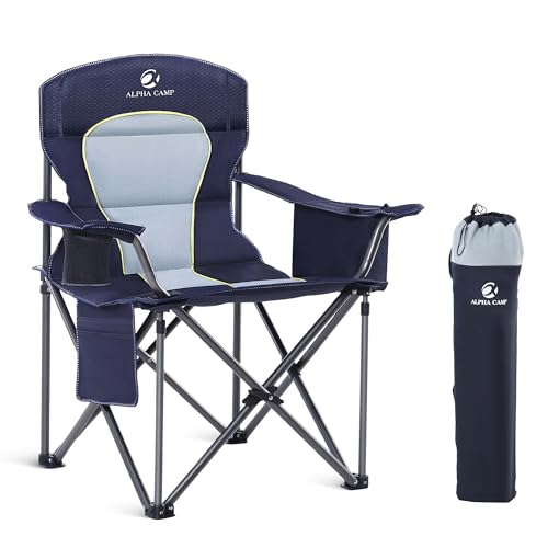Folding Camping Chair Oversized Heavy Duty Lawn Chair with Cooler Bag, Cup Holder, Storage Pocket, Collapsible Padded Outdoor Arm Chair, Quad Lumbar