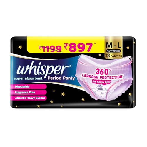 Whisper Girls And Women Super Absorbent Period Panty, 18 M-L Pants, 360 Degree Leakage Protection for Heavy Flow, Panty like Fit, Full back Coverage, Absorbs Heavy Gushes, Silky Soft, Comfortable Feel