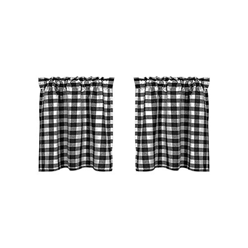 Pcscevcr 2 cortinas de ventana de cocina, cortina corta de ventana a cuadros clásica, cortinas de nivel a cuadros búfalo para decoración de cocina, café, baño, 29x24 pulgadas (negro blanco)