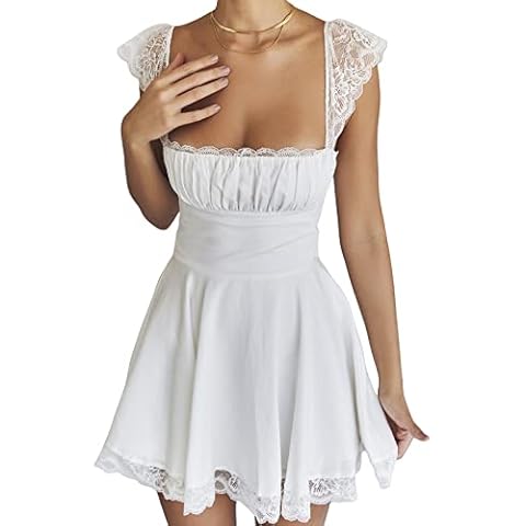 Mioliknya Women Fairy Vintage Lace Mini Dress Y2k Square Neck Sleeveless Spaghetti Strap Smocked Ruffle Dress Party (A-White, M) Cover
