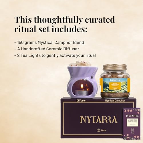 Image of Nytarra Mystical Camphor Blend Gift Box, Frangipani 150g | Ceramic Aroma Diffuser, Pure Kapooram, Tea Light Set Combo | for Meditation, Aromatherapy and Gifting | Kapoor Made with Herbs & Spices