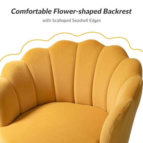 Image of HULALA HOME Velvet Accent Chair with Shell Shaped Back, Modern Cute Living Room Bedroom Armchair Sofa Chair with Gold Legs, Comfy Upholstered Vanity Chair for Makeup Room, Mustard