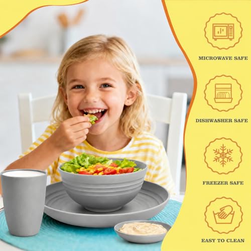 Image of Kids Wheat Straw Dinnerware Sets for 4, 16 Piece Unbreakable Dinnerware Set, Kids Plates and Bowls Sets, Kitchen Plates and Bowls Set, Lightweight Dish Set for Party, Camping,RV - Grey
