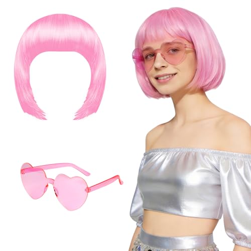 ANPUNAT Pink Short Bob Wig and Sunglass Set Neon Colored Wigs Costume Colorful Cosplay Wigs Daily Party Hairpieces for Bachelorette Glow in The Dark Neon Party Favors Halloween Decorations Supplies