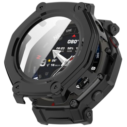 Comtax �K���X�t�B���� ��̌^ For Amazfit T-Rex 3 Pro 48mm �Ή� �V���R���ގ� �ی�P�[�X �J�o�[ �Ռ��z�� ���y�� �_�� �Ռ��h�~ �C�菝�h�~, �u���b�N