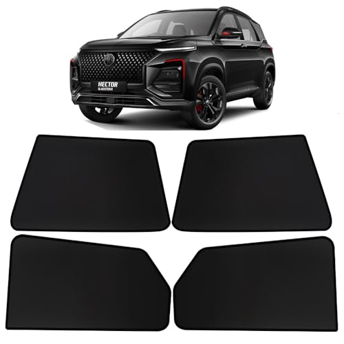 Image of OTO2EYE Car Sun Shade Compatible for Morris Garages MG Hector Model 2023-2025, Z-Black Fix Type Side Window Curtains, Only Half Cut in Front Window, 6 Pieces Set