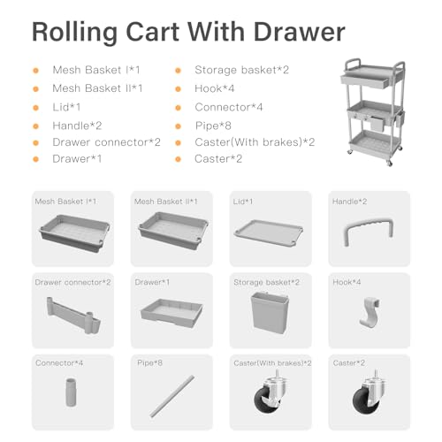 Image of 3 Tier Rolling Utility Cart with Drawer,REBECAT Utility Cart Made of Multifunctional Storage Organizer Tool for Kitchen,Bathroom,Living Room,Office(Gray)