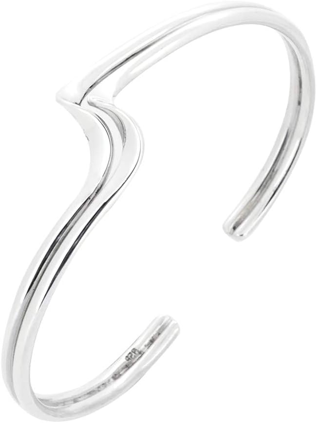 Women’s Chic Sterling Silver Bangle Bracelet, Women’s Silver Cuff Wave Detail for Ladies