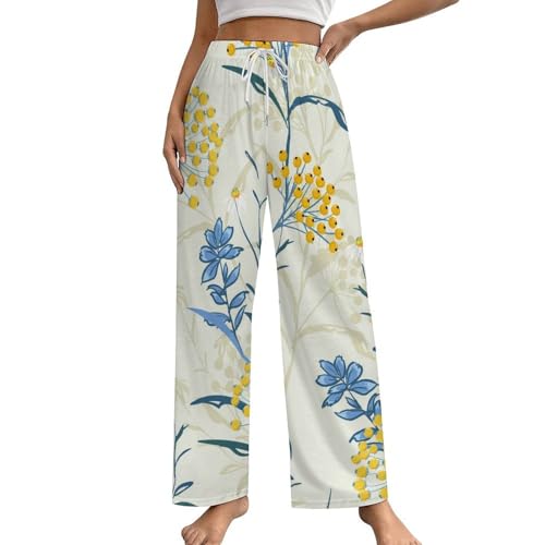 Pantalon de nuit femme fleur jaune fluide avec poches latérales pratiques pour le cocooning S