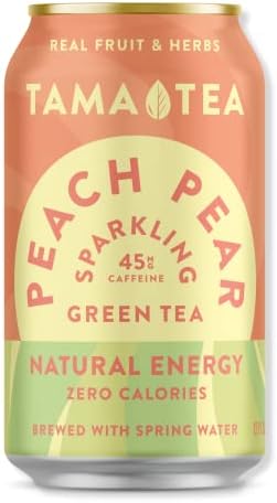 Sparkling Peach Pear Green Tea by Tama Tea - Made with Real Fruit & Herbs - Zero Sugar, Zero Calories, Non-GMO - Naturally Energizing Green Tea High in Antioxidants & Nootropics - 12 oz Pack of 12
