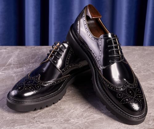 Santimon Men's Oxfords Black Formal Dress Leather Handmade Unique Square Toe Brogues Oxford Derby Shoes Casual Business Shoes for Men4