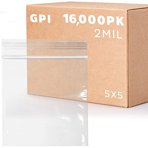 5" x 5" Zip Bags - 16,000 Count, Small, Clear Plastic Reclosable Zipper Poly Baggies, 2 Mil, with Resealable Zip Top Lock for Packaging Food Storage, Snacks, Candy, Office Supplies & More.