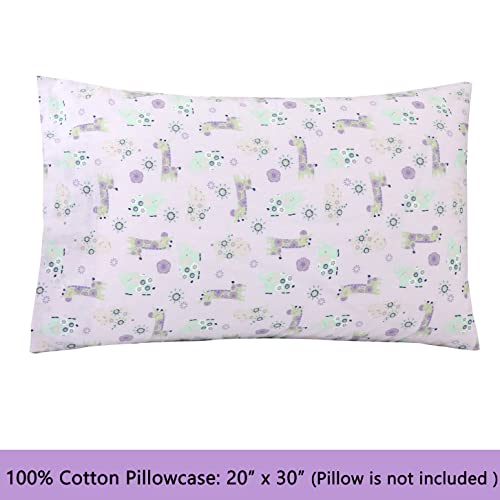 Image of 100 Cotton 3 Piece Toddler Sheet Set, Soft Breathable Crib Bedding Set for Girls Includes a Flat Sheet, a Fitted Sheet, a Pillowcase, Gypsy Floral Animals Giraffe Hippo Elephant Pink