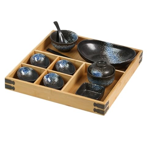 小皿セット 仕切り付きプレート 前菜用小皿 EnergyDeer 盛り付け用ボウル 和風食器 陶器ボウルと竹製トレイ 食器洗い機・電子レンジ対応 (B) (A,39cm)