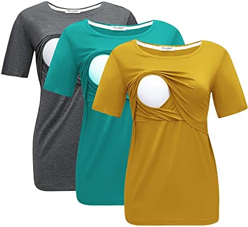Bearsland Women's 3 Packs Maternity Nursing Tops Short Sleeve Breastfeeding Shirts,Lake Green+dpgray+Ginger,L