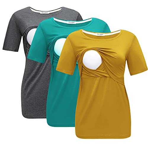 Bearsland Women's 3 Packs Maternity Nursing Tops Short Sleeve Breastfeeding Shirts,Lake Green+Dpgray+Ginger,L #TOP20