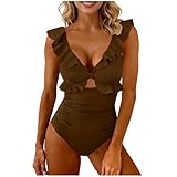 2026 One Piece Swimsuit for Women Tummy Control Ruffle V Neck Cutout Wrap Bathing Suit Summer Fashion Brown