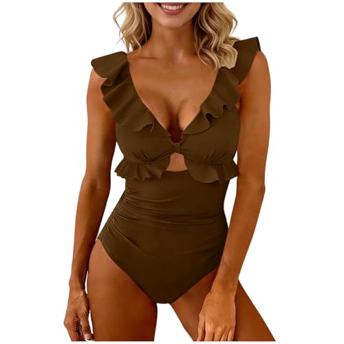 2026 One Piece Swimsuit for Women Tummy Control Ruffle V Neck Cutout Wrap Bathing Suit Summer Fashion Brown